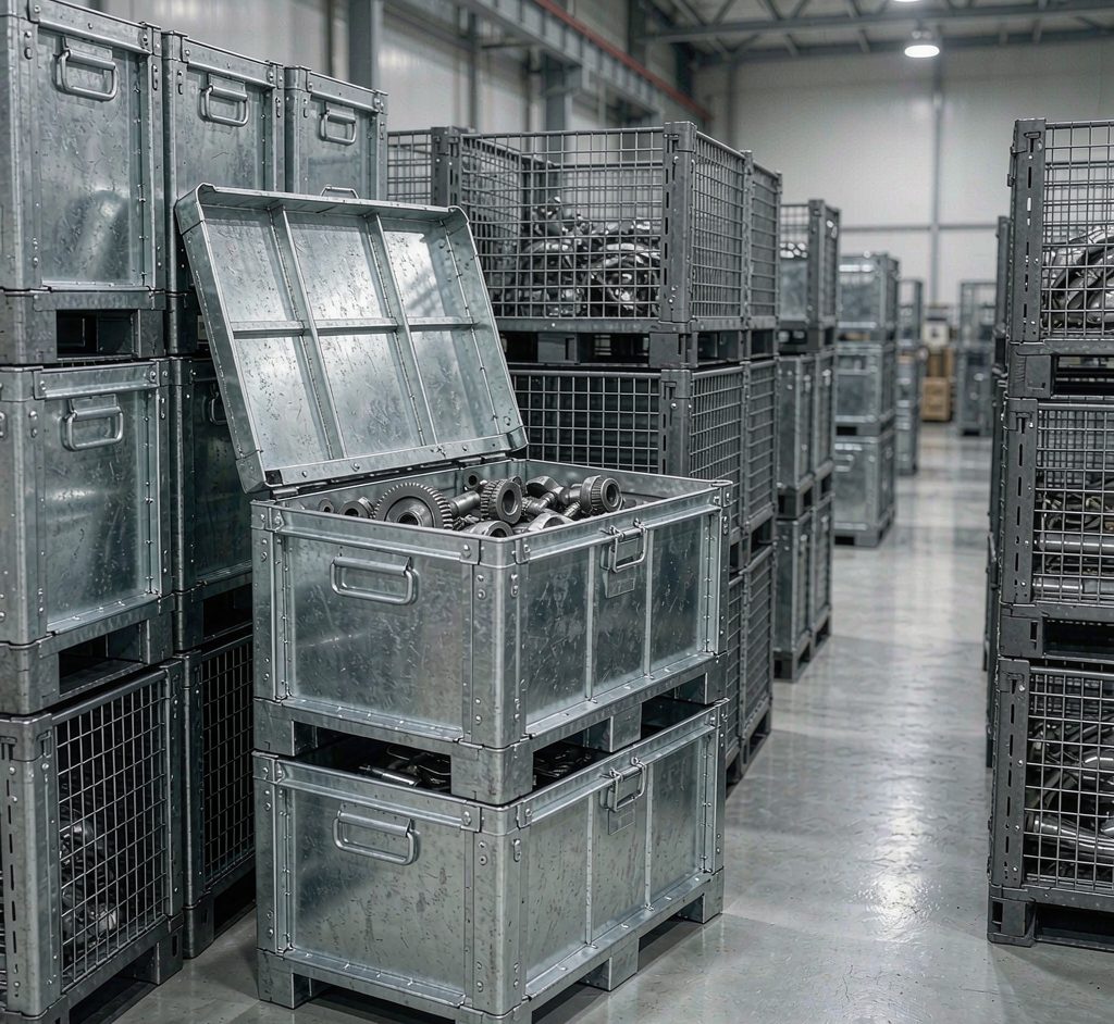 Stackable galvanized steel storage bins and wire turnover containers