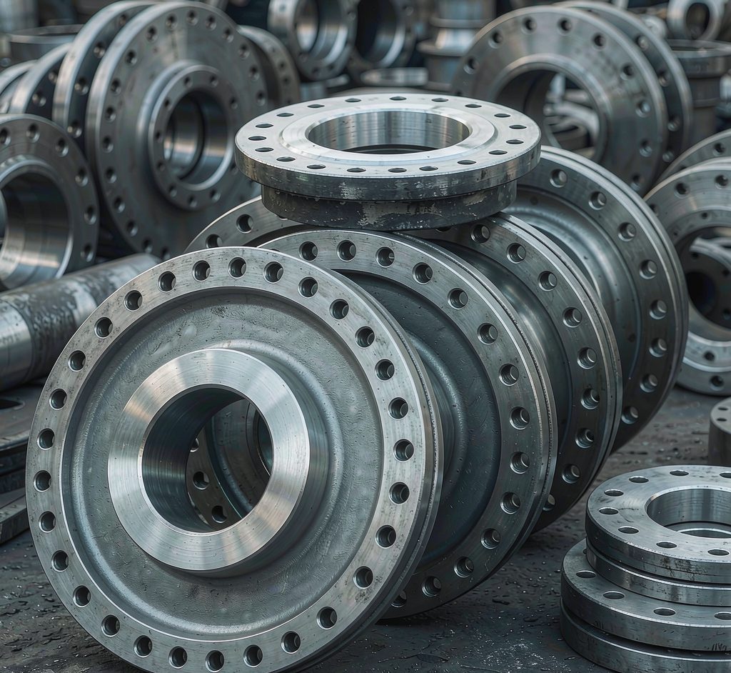 Stacks of forged steel flanges with machined faces