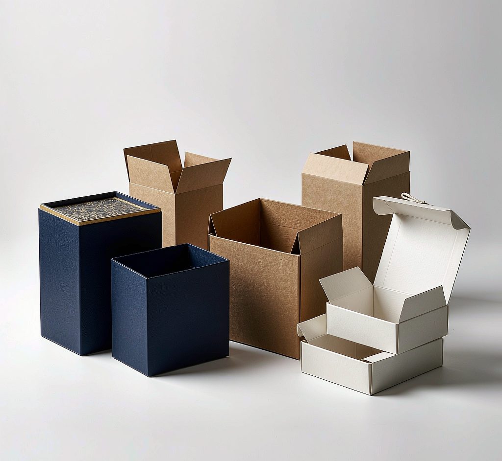 Rigid gift boxes and folding cartons in navy and kraft tones