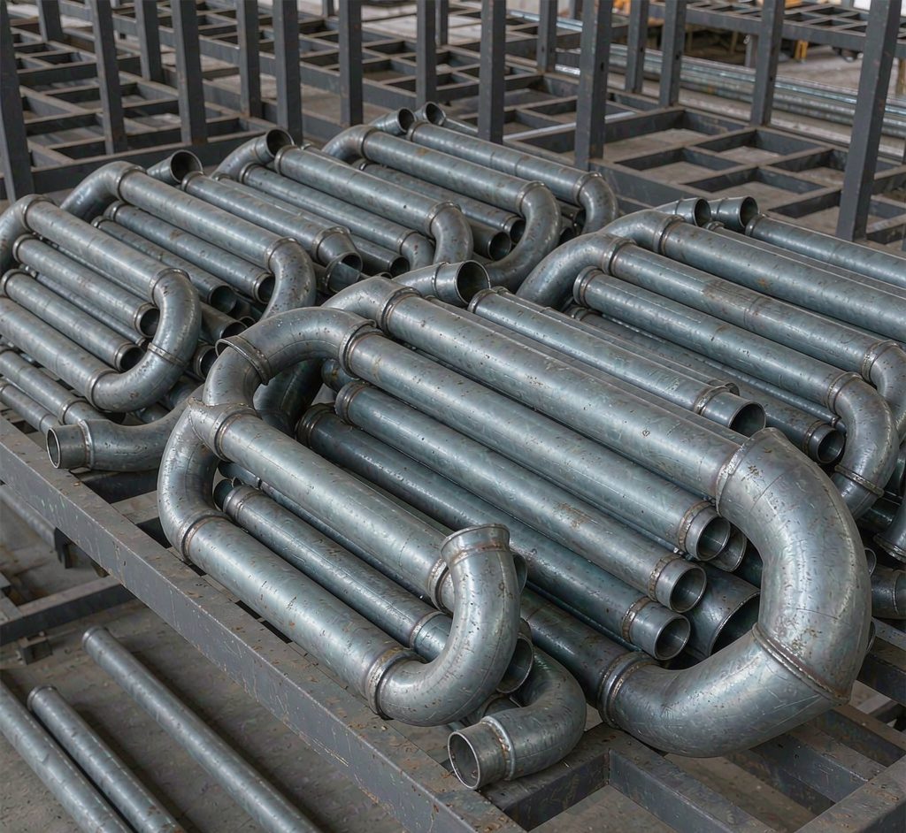 Steel pipe bundles with elbows and tee fittings on a warehouse rack
