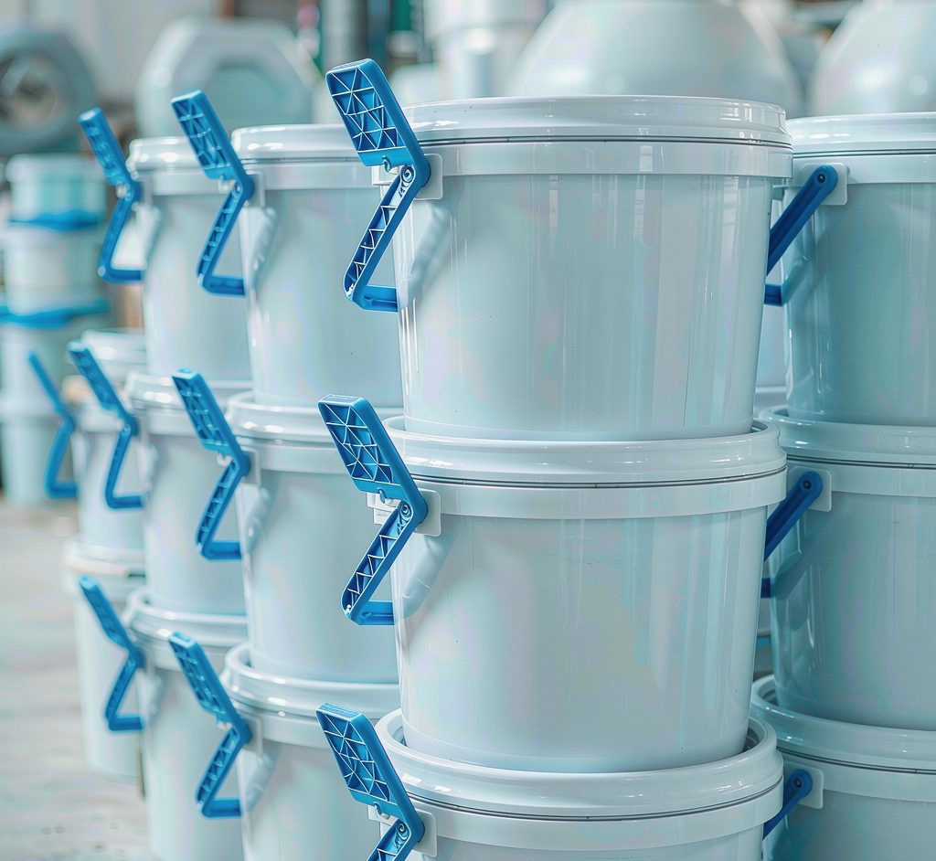 Stacks of food-grade plastic pails and containers