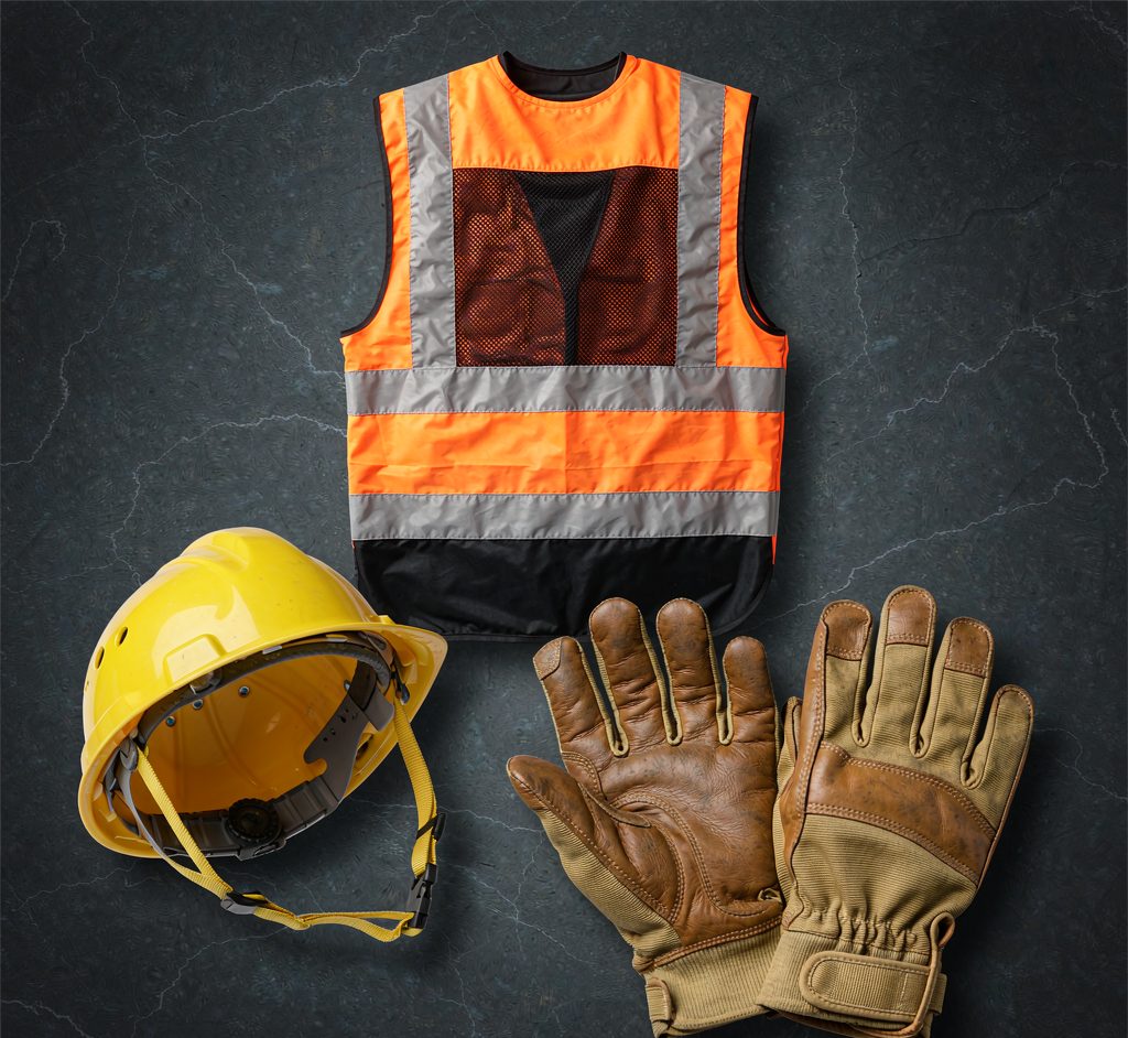 Work gloves, hi-vis vests and safety helmet laid out on slate