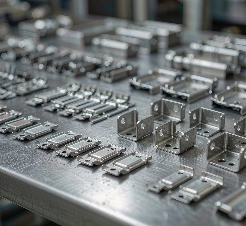 Stamped steel components and brackets on a workbench
