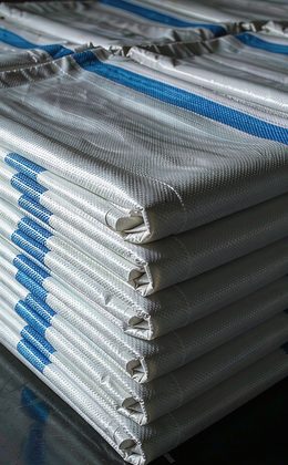 Bright white woven polypropylene bags with blue stripes
