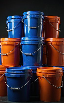 Vivid blue and orange food-grade plastic pails